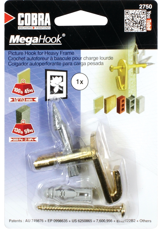 Cobra Anchors Mega Hook 2750 Picture Hook, 100 lb, Brass
