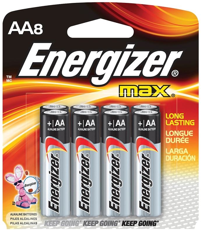 Energizer E91 E91MP-8 Battery, 1.5 V Battery, 2850 mAh, AA Battery, Alkaline, Manganese Dioxide, Zinc, Red