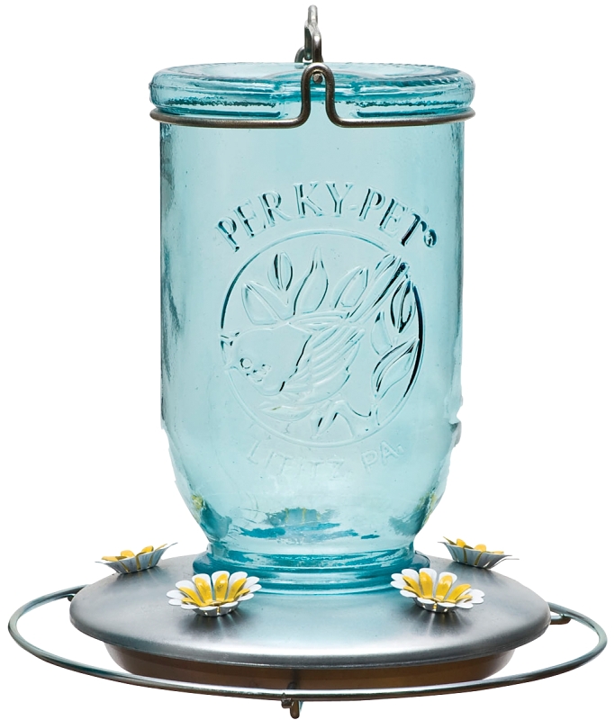 Perky-Pet 785 Bird Feeder, 32 oz, 5-Port/Perch, Glass, Blue, 7-1/2 in H