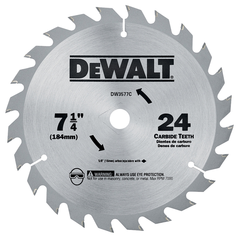 DEWALT DW3577C Circular Saw Blade, 7-1/4 in Dia, 5/8 in Arbor, 24-Teeth, Carbide Cutting Edge