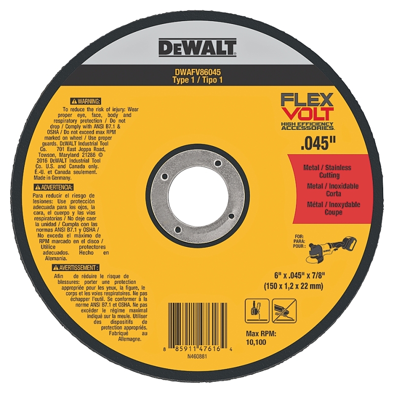 DeWALT DWAFV86045 Cutting Wheel, 6 in Dia, 0.045 in Thick, 7/8 in Arbor, 24 Grit, Medium, Ceramic Abrasive