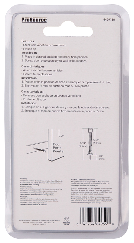 ProSource H61-Z019C-VB-PS Light-Duty Door Stop, 3/4 in Dia Base, 3 in Projection, Plastic & Steel, Venetian Bronze