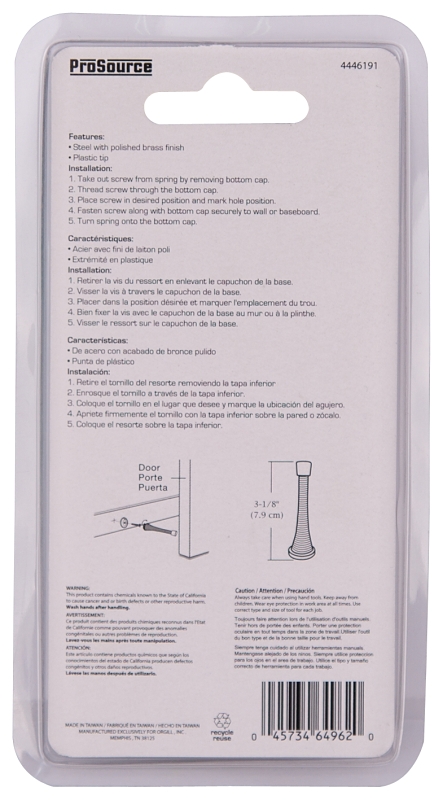ProSource H62-B040C-PS Heavy-Duty Spring, 15/16 in Dia Base, 3-1/8 in Projection, Plastic & Steel, Polished Brass