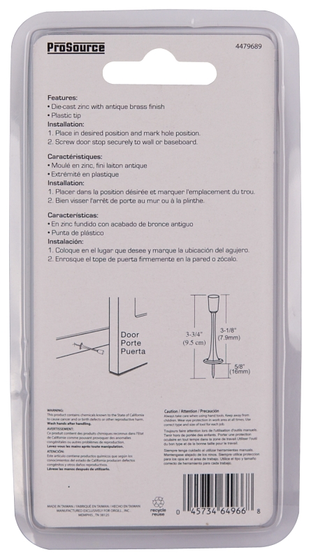 ProSource H20-Z021C-PS Heavy-Duty Rigid Door Stop, 15/16 in Dia Base, 3-1/8 in Projection, Die-Cast Zinc & Plastic