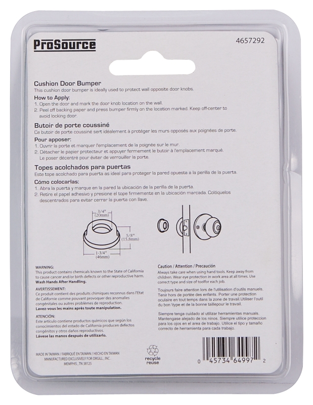 ProSource FE-S716-PS Door Stop, 1-3/4 in Dia Base, 1-3/4 in Dia x 5/8 in H Projection, Polyurethane (PU), Clear