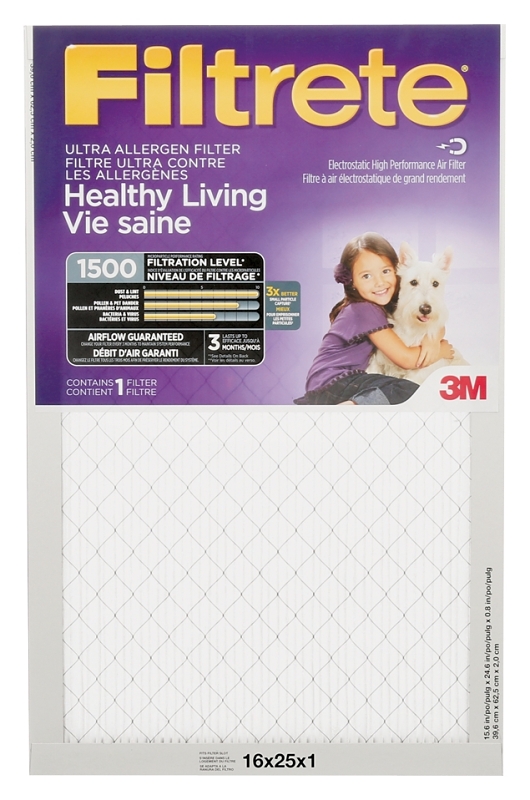 Filtrete 2001DC-6 Air Filter, Electrostatic, Pleated, Ultra Allergen Reduction, 1 in Thick, 25 in L, 16 in W, 11 MERV