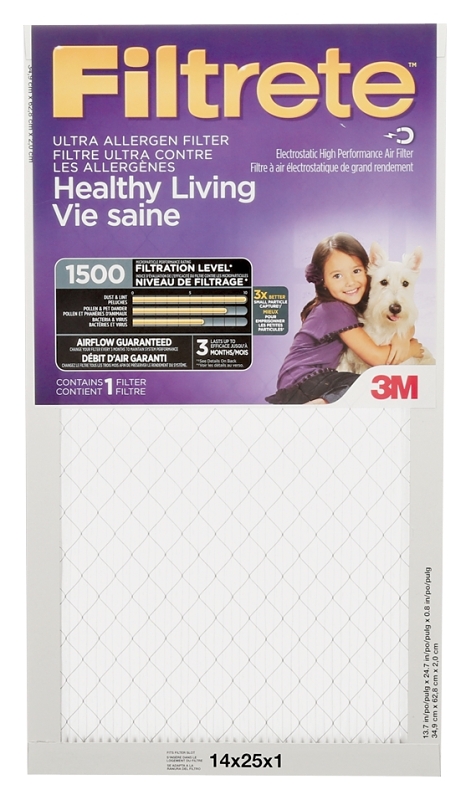 Filtrete 2004DC-6 Air Filter, Electrostatic, Pleated, Ultra Allergen Reduction, 1 in Thick, 25 in L, 14 in W, 11 MERV