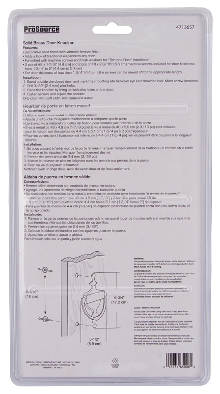 ProSource HR4004VB-PS Door Knocker, Brass, Venetian Bronze, 6-5/16 in Mounting Hole Center to Center