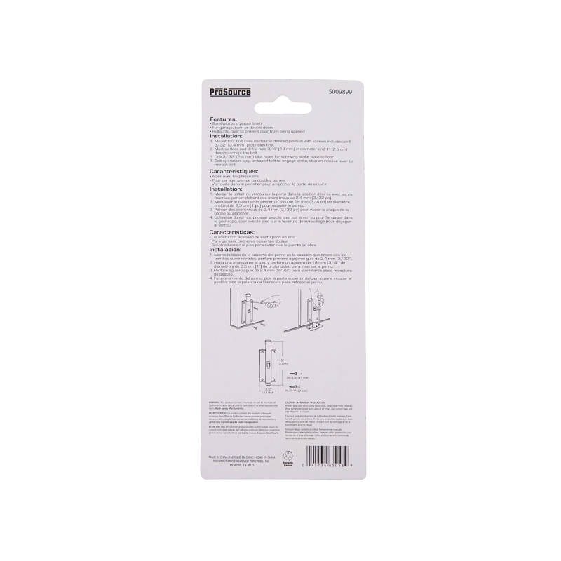 ProSource 33083ZCB-PS Foot Bolt, 9/16 in Bolt Head, 5 in L Bolt, Steel, Zinc