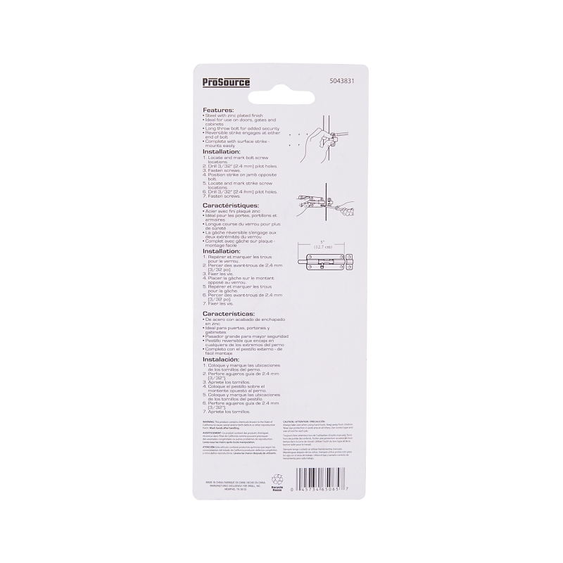 ProSource 20487ZCB-PS Barrel Bolt, 0.31 Dia in Bolt Head, 5 in L Bolt, Steel, Zinc Plated