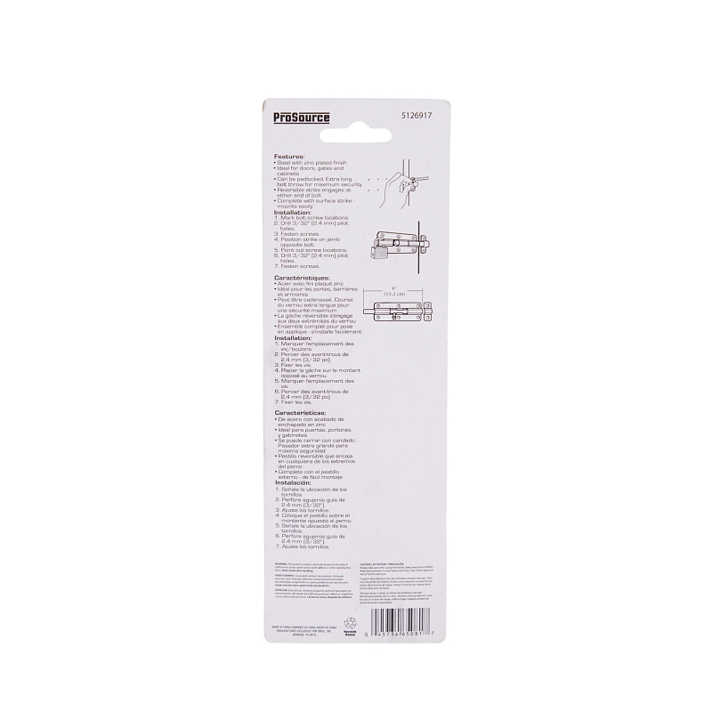 ProSource BH-104-PS Lockable Barrel Bolt, 0.31 Dia in Bolt Head, 6 in L Bolt, Steel, Zinc