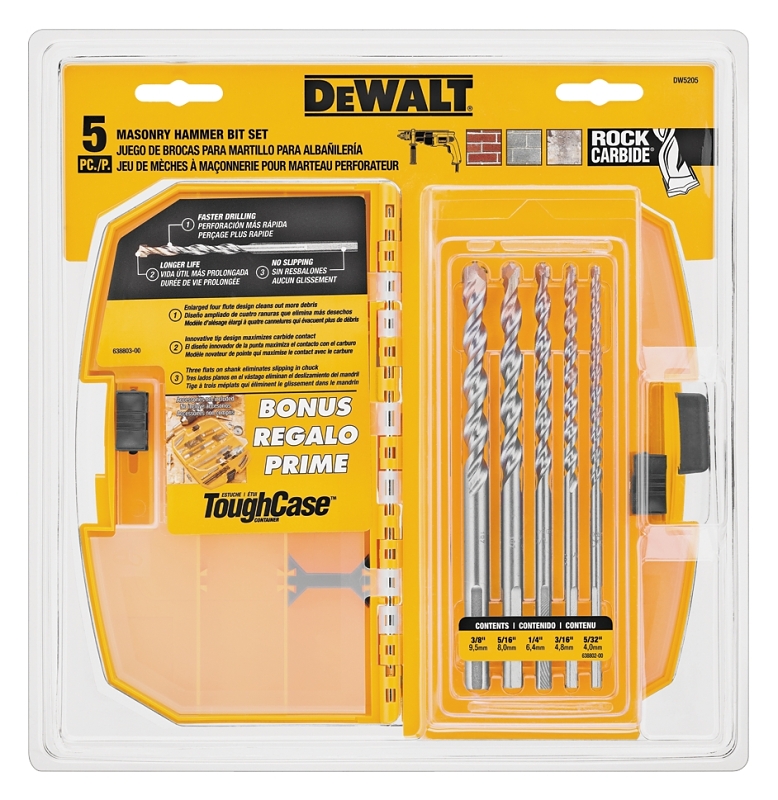 DeWALT DW5205 Premium Percussion Masonry Bit Set, Carbide, 5-Piece