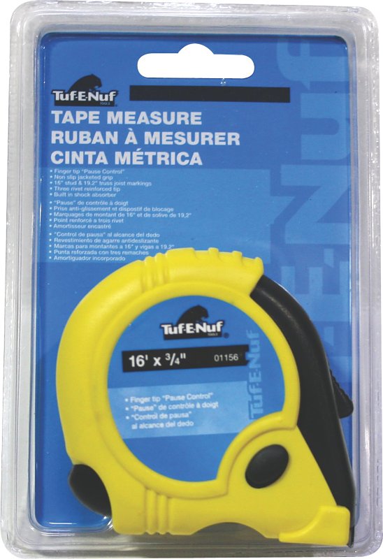 Tuf-E-Nuf 01156 Tape Measure, 16 ft L Blade, 3/4 in W Blade, Rubber Case