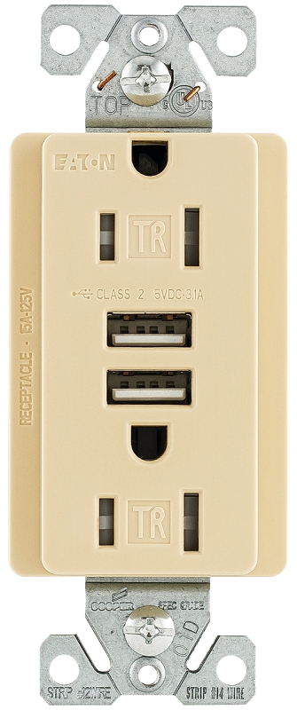Arrow Hart TR7755V-K USB Charger and Duplex Receptacle, 2 -Pole, 15, 3 A, 125/5 VAC/VDC, 2 -USB Port, Ivory