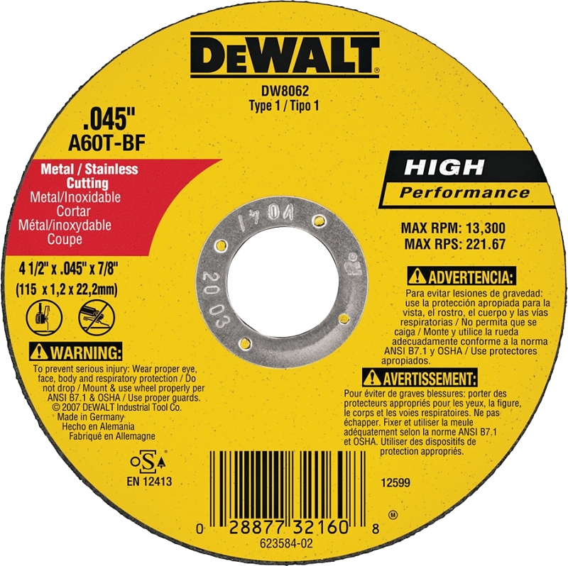 DeWALT DW8062 Cutting Wheel, 4-1/2 in Dia, 0.045 in Thick, 7/8 in Arbor, Very Fine, Aluminum Oxide Abrasive