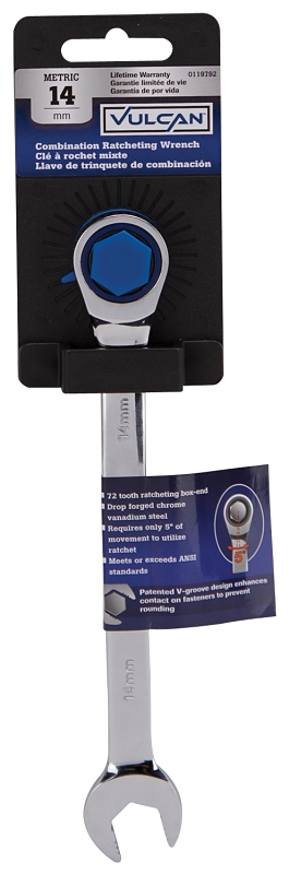 Vulcan PG14MM Combination Wrench, Metric, 14 mm Head, Chrome Vanadium Steel, Polished Mirror