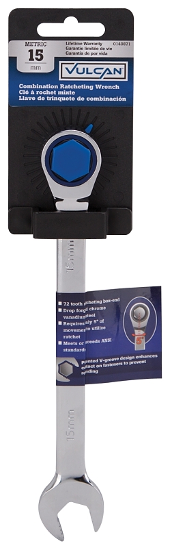 Vulcan PG15MM Combination Wrench, Metric, 15 mm Head, Chrome Vanadium Steel, Polished Mirror