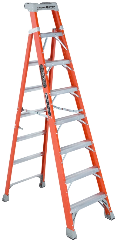 Louisville FXS1508 Cross Step Ladder, 147 in Max Reach H, 8-Step, 300 lb, Type IA Duty Rating, 3 in D Step, Fiberglass