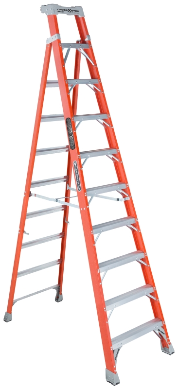 Louisville FXS1510 Cross Step Ladder, 170 in Max Reach H, 10-Step, 300 lb, Type IA Duty Rating, 3 in D Step, Fiberglass