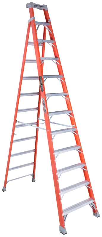 Louisville FXS1512 Cross Step Ladder, 193 in Max Reach H, 12-Step, 300 lb, Type IA Duty Rating, 3 in D Step, Fiberglass