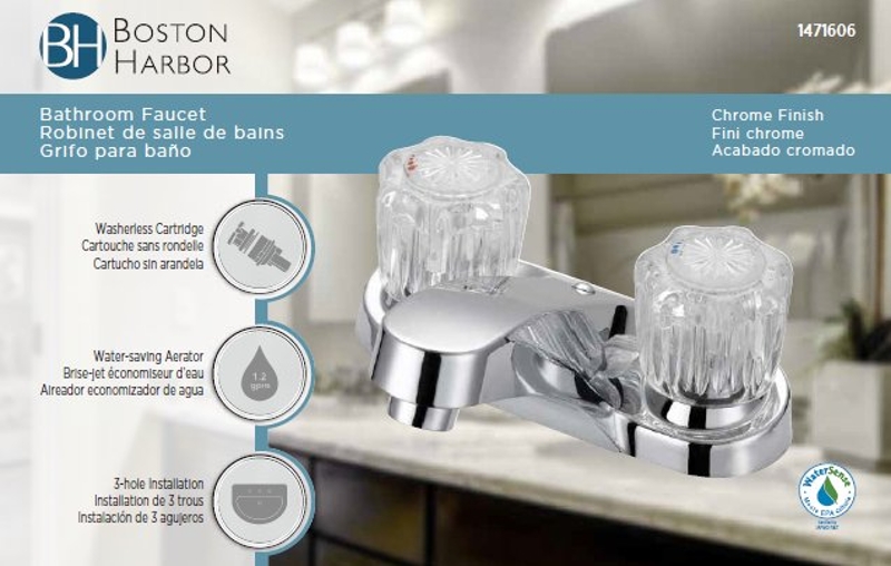 Boston Harbor F5120067CP Lavatory Faucet, 1.2 gpm, 2-Handle, 3-Faucet Hole, Metal/Plastic, Chrome, 4 in Faucet Centers