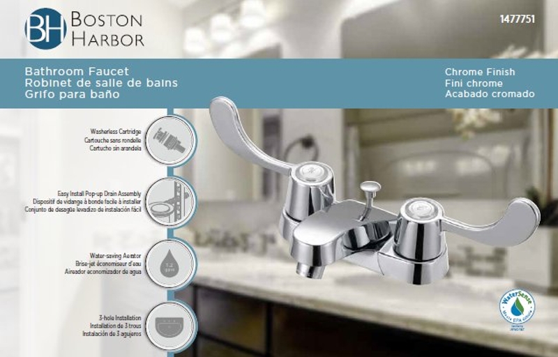 Boston Harbor F5120005CP Lavatory Faucet, 1.2 gpm, 2-Handle, 3-Faucet Hole, Metal/Plastic, Chrome, 4 in Faucet Centers