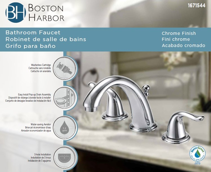 Boston Harbor TQ-FW6B0000CP Lavatory Faucet, 1.2 gpm, 2-Handle, 3