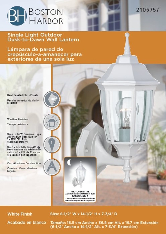 Boston Harbor DTDW Dusk/Dawn Lantern, 60 W, Medium Base Bulb or CFL Bulb(Sold Separately) Lamp, Aluminum Fixture