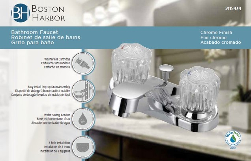 Boston Harbor F5120069CP Lavatory Faucet, 1.2 gpm, 2-Handle, 3-Faucet Hole, Metal/Plastic, Chrome Plated