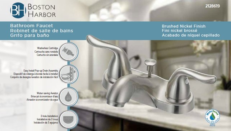 Boston Harbor F5121033NP Lavatory Faucet, 1.2 gpm, 2-Handle, 3-Faucet Hole, Metal, Brushed Nickel