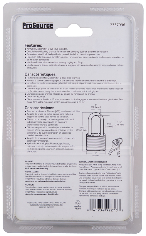 ProSource HD00024L-3L Padlock, Long Shackle, 11/32 in Dia Shackle, 3-1/4 in H Shackle, Steel Shackle, Steel Body