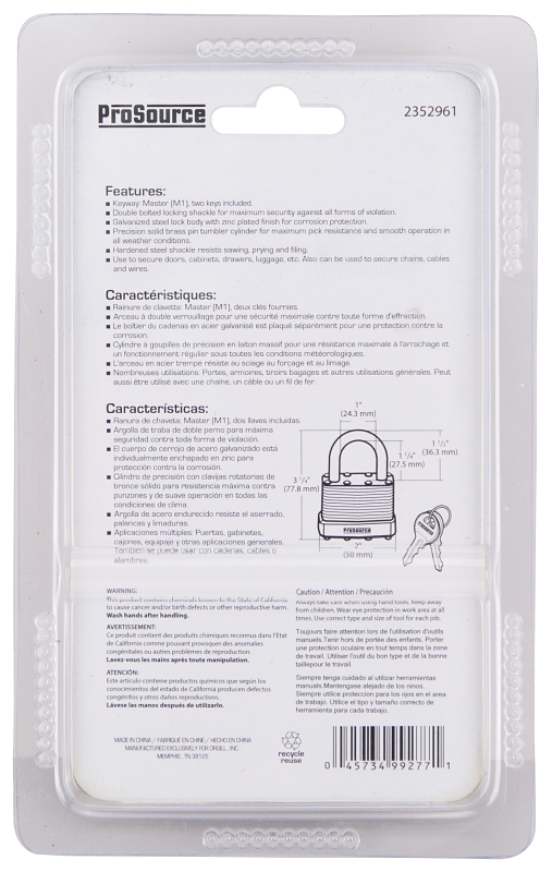 ProSource HD00038-3L Padlock, Standard Shackle, 11/32 in Dia Shackle, 1-1/2 in H Shackle, Steel Shackle, Steel Body