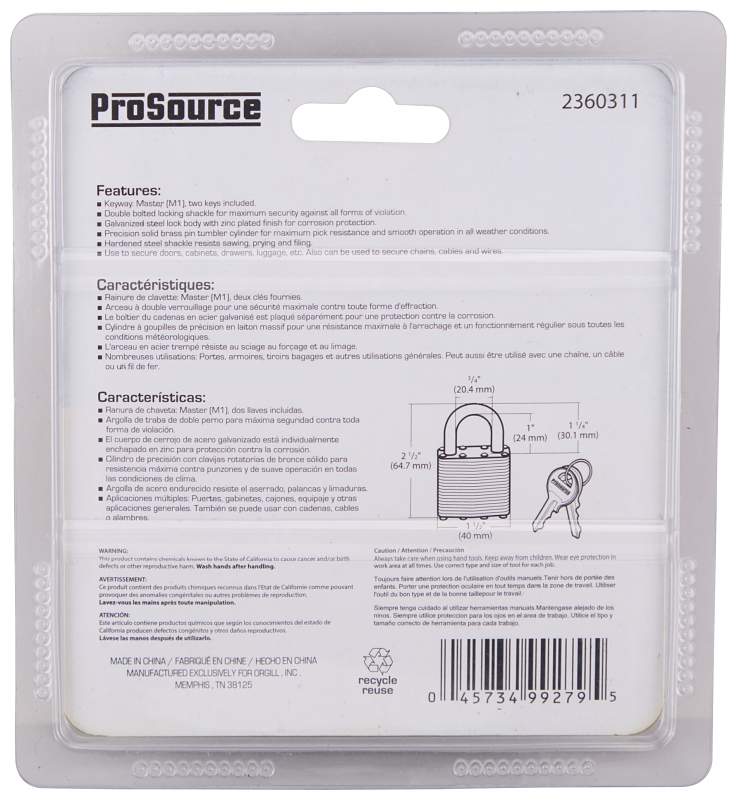 ProSource HD00012-D-3L Padlock Set, Standard Shackle, 1/4 in Dia Shackle, 1-1/4 in H Shackle, Steel Shackle, Steel Body