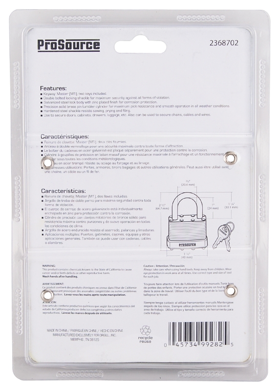 ProSource HD-3DX4-3L Padlock Set, Standard Shackle, 1/4 in Dia Shackle, 1-1/4 in H Shackle, Steel Shackle, Steel Body