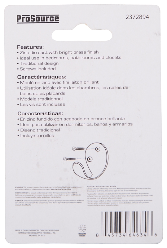 ProSource H63PB-PS Coat and Hat Hook, 22 lb, 1-Hook, 1-1/8 in Opening, Zinc, Brass
