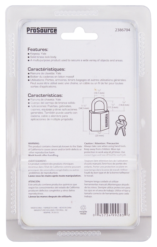 ProSource HD10020-3L Padlock, Standard Shackle, 1/8 in Dia Shackle, 3/4 in H Shackle, Steel Shackle, Brass Body