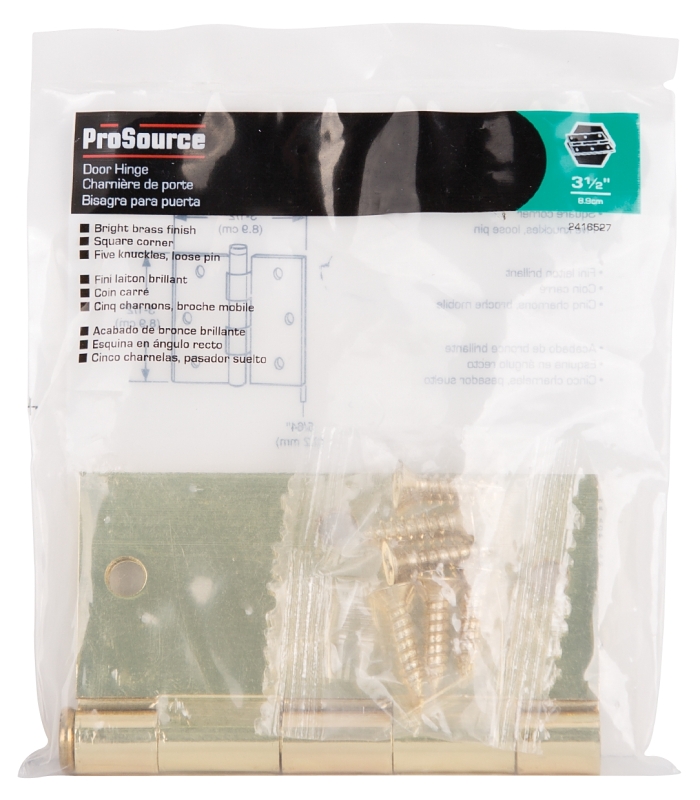 ProSource 20338BBX Square Corner Door Hinge, 3-5/8 in H Door Leaf, 1-1/2 in W Door Leaf, 2.2 mm Thick Door Leaf, Steel