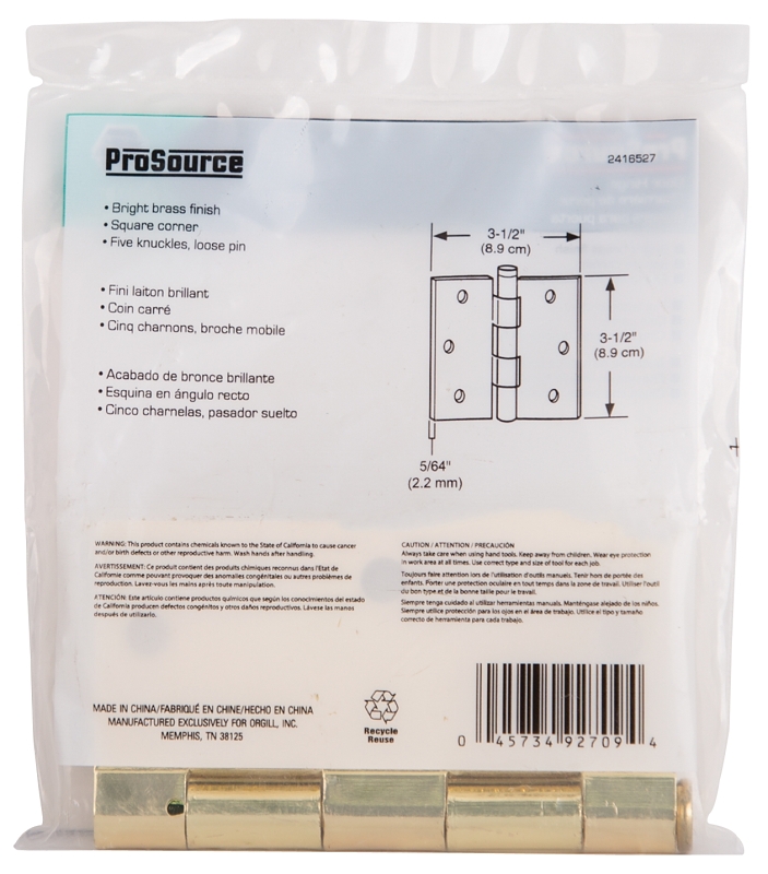 ProSource 20338BBX Square Corner Door Hinge, 3-5/8 in H Door Leaf, 1-1/2 in W Door Leaf, 2.2 mm Thick Door Leaf, Steel