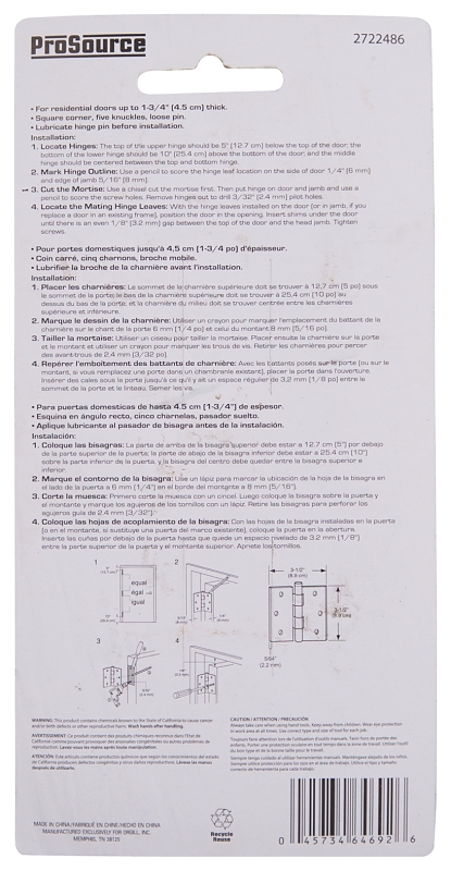 ProSource BH-202PB-PS Square Corner Door Hinge, 3-5/8 in H Door Leaf, 1-1/2 in W Door Leaf, 2.2 mm Thick Door Leaf