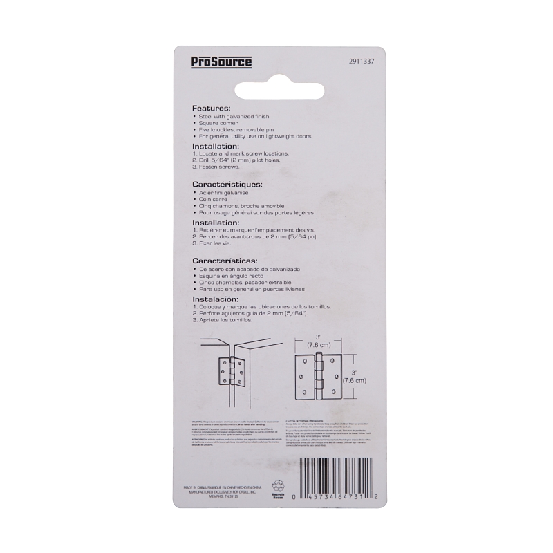 ProSource LR-044-PS Utility Hinge, Steel, Galvanized, Removable Pin, 180 deg Range of Motion, Full Mortise Mounting