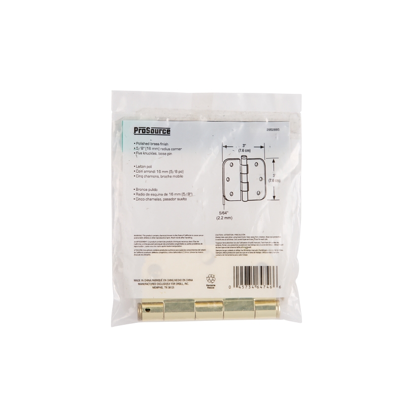 ProSource LR-701-PS Door Hinge, Steel, Polished Brass, Loose Pin, 180 deg Range of Motion, Screw Mounting