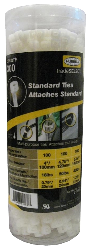 Tradeselect CTB300 Cable Tie Canister, 0.79, 1.22, 0.94 in Max Bundle Dia, Nylon, Black/Natural/Yellow