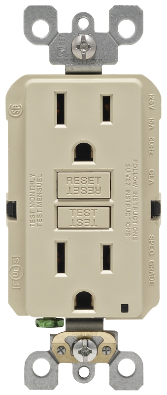 Leviton R01-GFNT1-0KI GFCI Duplex Receptacle, Polycarbonate, Ivory, 2-Pole, 15 A, 3-Wire, Back, Side Wiring