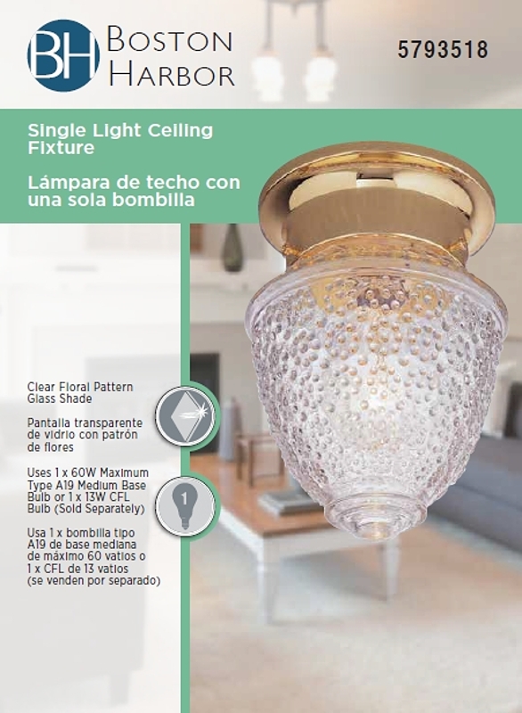 Boston Harbor RF-F-013-PB-3L Ceiling Light Fixture, 0.5 A, 120 V, 60 W, 1-Lamp, A19 or CFL Lamp, Metal Fixture