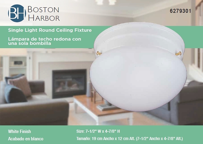 Boston Harbor F13WH01-68543L Single Light Round Ceiling Fixture, 120 V, 60 W, 1-Lamp, A19 or CFL Lamp, White Fixture