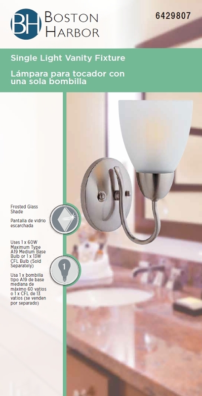 Boston Harbor A2242-73L Single Light Vanity Fixture, 120 V, 60 W, A19 or CFL Lamp, Steel Fixture, Brushed Nickel Fixture