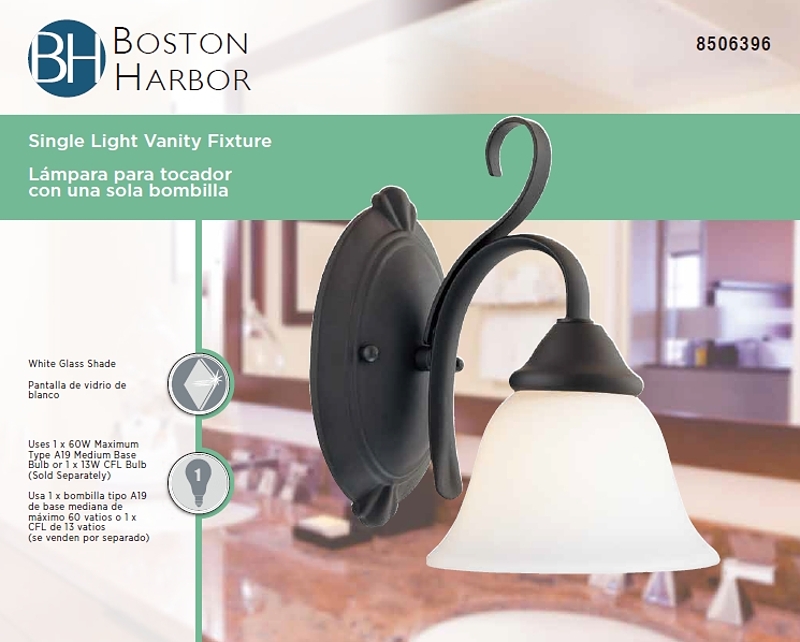 Boston Harbor F3-1W-3L Single Light Vanity Fixture, 120 V, 60 W, CFL Lamp, Steel Fixture, Matte Black Fixture