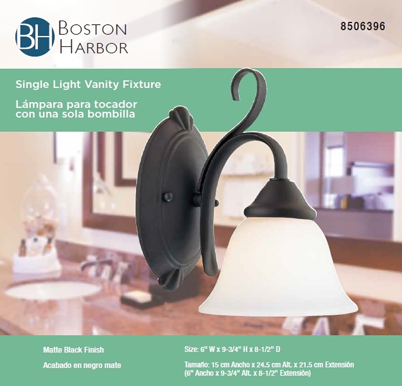 Boston Harbor F3-1W-3L Single Light Vanity Fixture, 120 V, 60 W, CFL Lamp, Steel Fixture, Matte Black Fixture