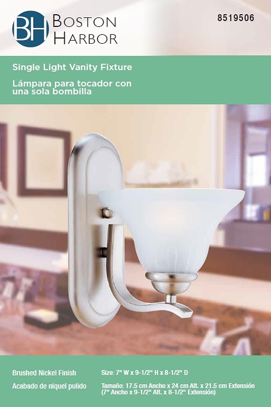 Boston Harbor 1571-1W-3L Single Light Vanity Fixture, 120 V, 60 W, A19 or CFL Lamp, Steel Fixture
