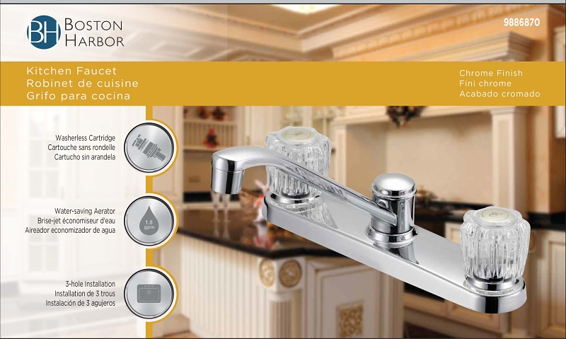 Boston Harbor GU-F8020002CP-LF Kitchen Faucet, 1.8 gpm, 3-Faucet Hole, Metal/Plastic, Chrome Plated, Deck Mounting